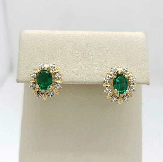 3 Ct Oval Cut Green Emerald Lab Created Cluster Earrings 14k Yellow Gold Finish - Image 1 of 4