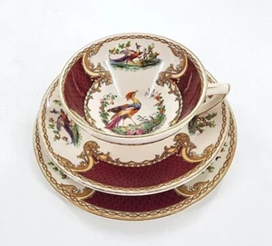 Royal Crown Myott Staffordshire Chelsea Bird Red Dessert Plate Teacup Saucer Vtg - Picture 1 of 7