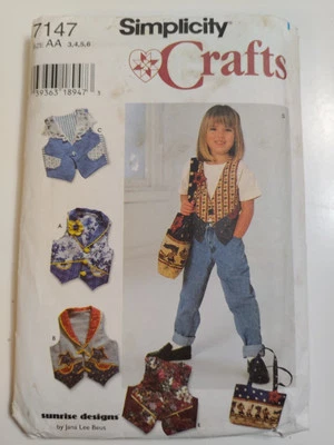 Vest Tote Purse Bag Girls 3 3T Simplicity 7147 Sewing Pattern Cut Sunrise Crafts - Image 1 of 4