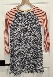 Mini Boden Blue Bunny Rabbit Bird Print Dress Red Stripe Girls Size 11 12 Years - Picture 1 of 9