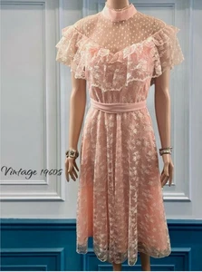 Vintage Dress 60s Pink Party Dress Mesh Lace Ruffles Coquette Princess Kawaii S - Picture 1 of 8