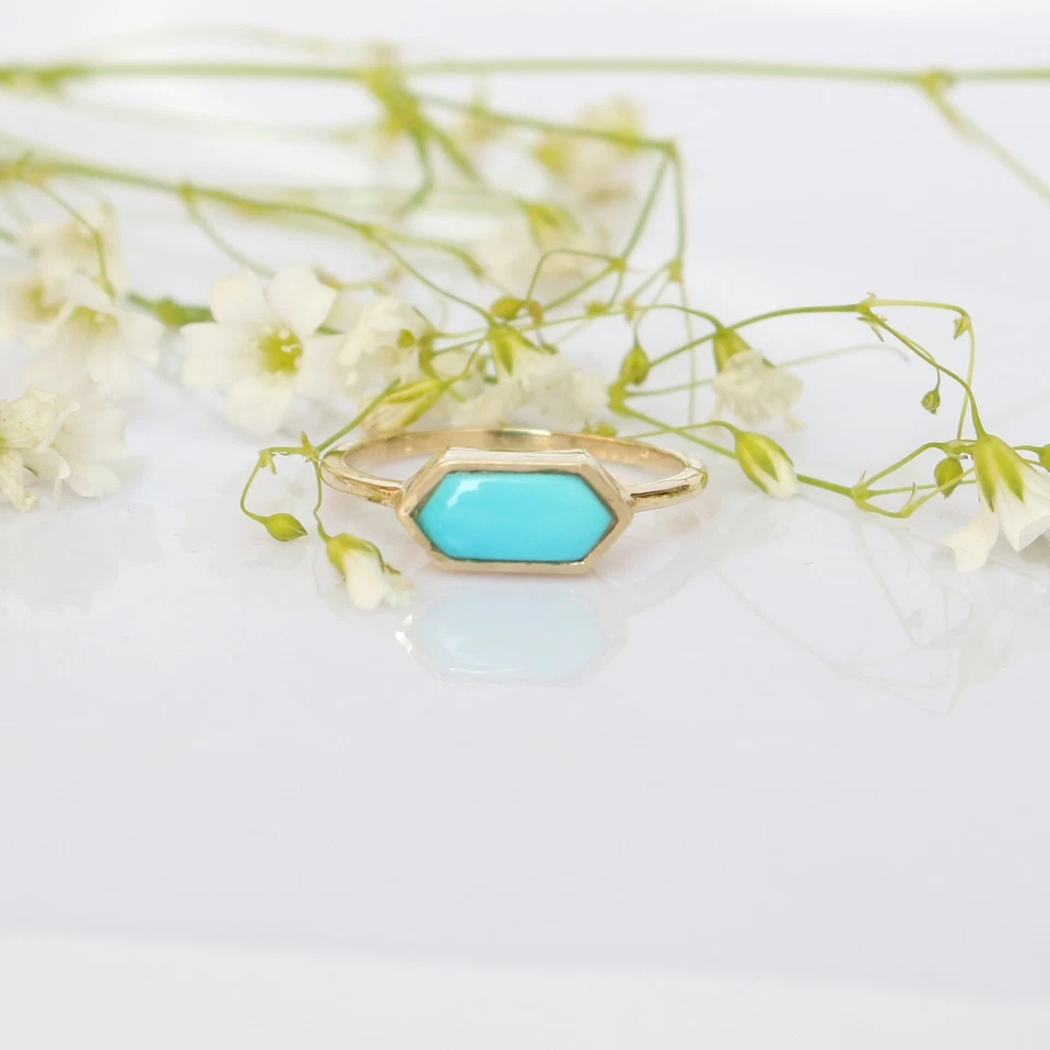 Conjunto solitario de bisel turquesa Arizona corte hexagonal hecho a mano anillo de aniversario fino Foto 1 de 4