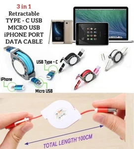 3 in 1 Retractable Charging USB Data Cable Charger Lead For iPhone Type C Micro - Picture 1 of 16