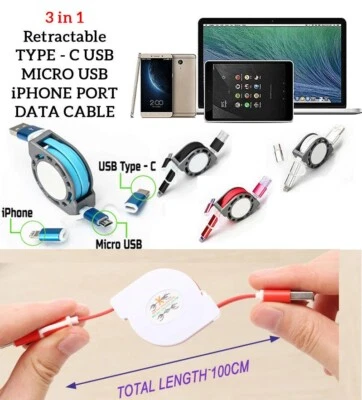 3 in 1 Retractable Charging USB Data Cable Charger Lead For iPhone Type C Micro - Image 1 of 4
