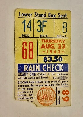 Ticket Polo Grounds New York Mets vs the San Francisco Giants August 23, 1962 - Image 1 of 2