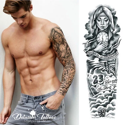 DELUSION TATTOOS MANICA TATUAGGIO TEMPORANEA REALISTICA, BRACCIO, BECKHAM, ANGELO, 23, NERO, UOMO, DONNA