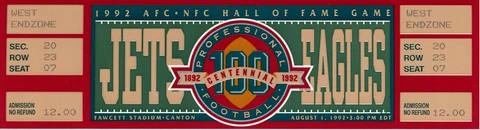 1992 Hall Of Fame Game Ticket New York Jets vs Philadelphia Eagles 37547 Cover