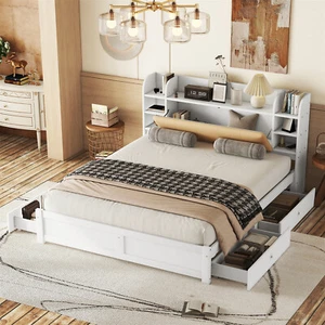 Holzbett 180x200 cm Doppelbett Funktionsbett Bettgestell mit 4 Schubladen Weiß - Bild 1 von 10