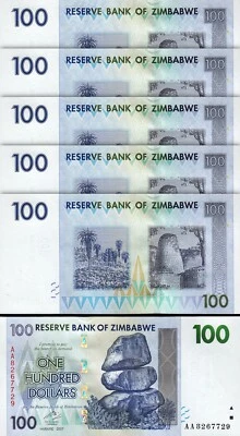 Zimbabwe 100 Dollars 2007, UNC, 5 Pcs LOT, Consecutive, P-69, Prefix AA - Image 1 of 4