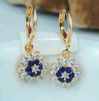 2Ct Round Lab Created Blue Sapphire Drop Dangle Earring 14K Yellow Gold Plated - Image 1 of 4