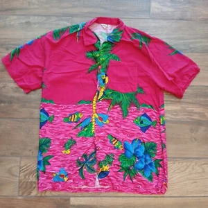 Vintage Caribbean Surf Herren Medium Pink Hawaiian Papagei Tropical Button Camp - Bild 1 von 8