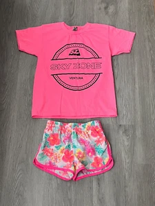 Toddler Girls Pink Hawaiian Swim Shorts & Pink Sky Zone T-Shirt 5/6 & XS Youth - Picture 1 of 10