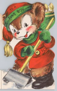 Biglietto Auguri di Natale Antropomorfo Vintage Metà Secolo Orso Vestito - Foto 1 di 4