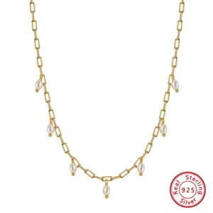 Dangling Freshwater Pearl Paperclip Necklace Solid Sterling Silver 14K Gold N51 - Picture 1 of 5