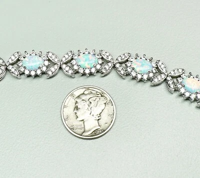 Stunning Simulated Opal CZ Silver Tone Tennis Bracelet Safety Clasp 7 1/8" Long Foto 1 de 4