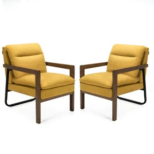 Set of 2 Single Sofa Chair Leisure Accent Chair w/ Wooden Armrests & Legs Yellow - Picture 1 of 10