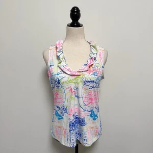 Lulu B bianco cartoline d'amore scritta francese scollo a volant top senza maniche S - Foto 1 di 8