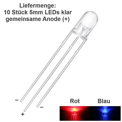 Duo LED Bicolor 3mm 5mm 3 Pin gem. Anode Kathode rot/grün rot/blau LEDs 10 Stück - Bild 1 von 4