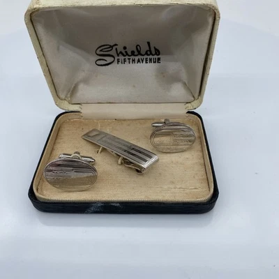 老式复古领带夹和袖扣盾牌第五大道带盒 — 第 1/4 张图片