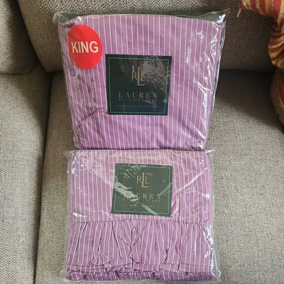 New Ralph Lauren BRITTANY STRIPE Purple Ruffled Flat &fitted Sheet set King - Image 1 of 4