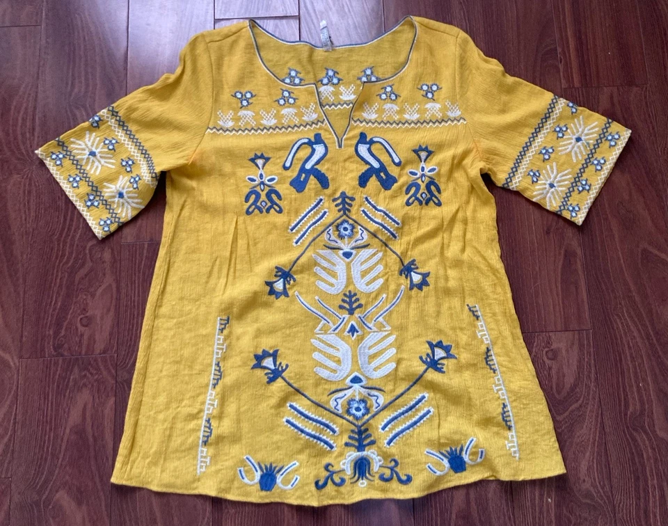 Monoreno Women's Yellow Shirt Top Blouse M Embroidered Ombre Cotton Boho Chic - Image 1 of 4