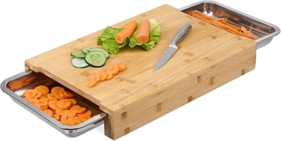 Tagliere in Bambù Con Vaschette Acciaio Inox per Scarti, ASSE Cucina, 8X45X30 Cm - Immagine 1 di 4