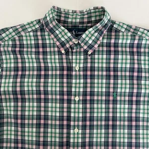 Ralph Lauren Mens Button Up Shirt Size Large Short Sleeve Green Pink Plaid Vtg - Picture 1 of 10