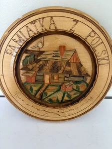 Vintage Hand Crafted Carved Pamiatka Z Polski Wood Polish Folk Art Plate 11.5" - Picture 1 of 7