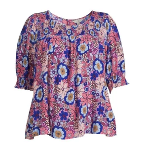 4X (28-30W) Women's Plus Size Pink Floral Smocked Blouse 100% Rayon #4307 - Picture 1 of 6