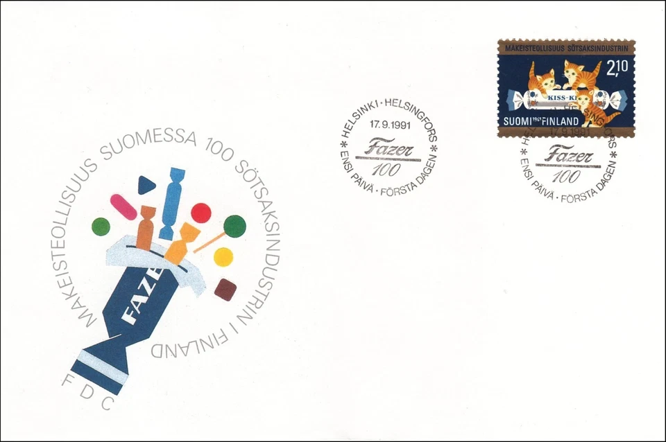 Kitten Cat Folio Stamp Fazer Candy Shop Finland Mint FDC Cover 1991 - Image 1 of 1