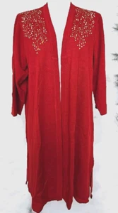 Carol Patterson Knit Open Long Red Cardigan Sweater Pearls Gold Embroidery L - Picture 1 of 4