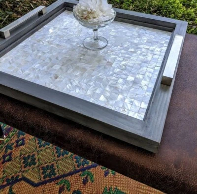 Mother of pearl tray, Marble inlaid tray, kitchen accessories serving tray gifts - Image 1 of 4