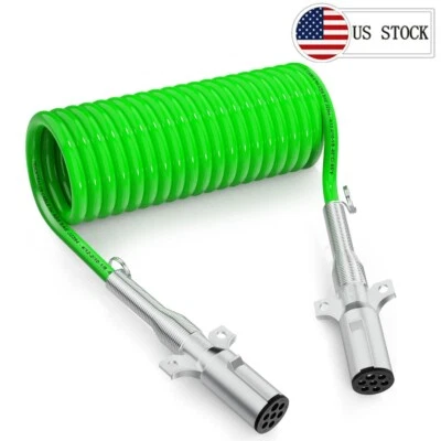 7 Way ABS 15" 15FT Trailer Coiled Cord Green Electric Power Cable Cord EL27715 - Image 1 of 4