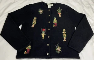 Ugly Christmas Sweater Cardigan Appleseeds Wool Black Embroidered Trees Medium - Bild 1 von 12