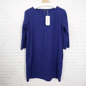 Marimekko Blue Sheath Dress Size S Black Spotted Pockets 100% Cotton NEW - Picture 1 of 7