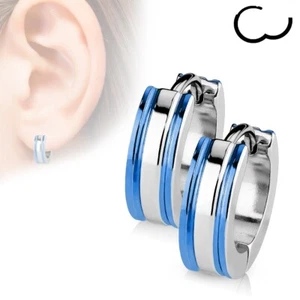 PAIRE BOUCLE D'OREILLE POUR HOMME ADO EN ACIER 2 LIGNES PLAQUE BLEU NEUVE 017 - Imagen 1 de 1