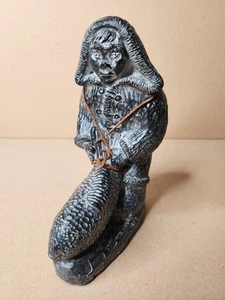 Vintage A Wolf Carved Eskimo Fisherman  Sculpture Salmon with Label 8" EUC Rare - Picture 1 of 14
