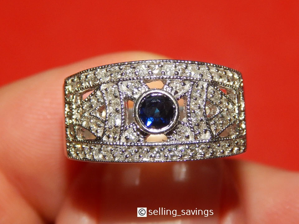 14K WHITE GOLD EFFY DIAMOND & SAPPHIRE FILIGREE ROYALE BLEU WIDE FACE BAND RING - Image 1 of 4