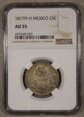 1877 Pi H Mexico Silver 25 Centavos NGC AU55 - Image 1 of 4