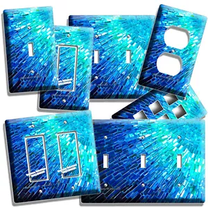 BLUE PEARL MOSAIC GLASS TILE DESIGN LIGHT SWITCH OUTLET WALL PLATE KITCHEN DECOR - Picture 1 of 32