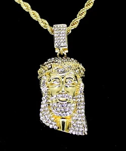 Iced CZ Jesus Pendant Hip Hop Fashion 14k Gold Plated w/ 24" Rope Chain - Picture 1 of 5