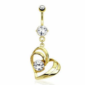 14K Gold Plated CZ Hollow Heart Dangling Navel Belly Button Ring 14g - Picture 1 of 1