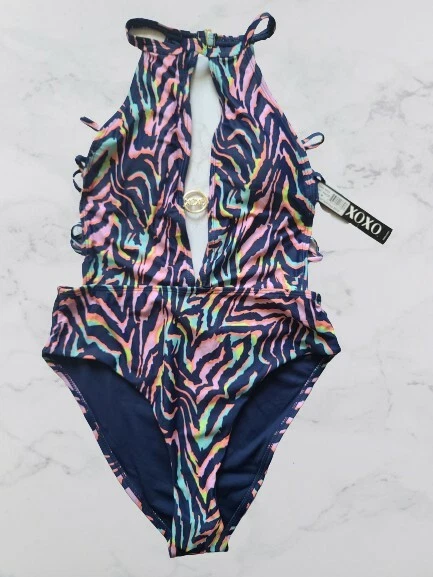 XOXO купальный костюм средний высоты шеи глубокий погружения многоцветный новый с Ярлыками розничной $95 быстрая доставка! - Изображение 1 из 4