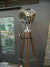 NAUTICAL REPRODUCTION SPOT SEARCH LIGHT SPOTLIGHT W/FLOOR WOODEN TRIPOD STAND ..