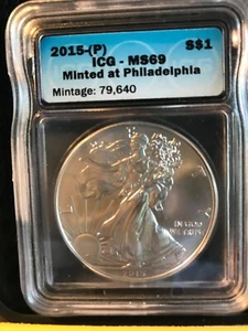 2015 P SILVER EAGLE ICG MS69 MINTED AT PHILADELPHIA MINTAGE 79640 KEY DATE - Picture 1 of 4