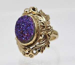 Nicky Butler NEW Ring Purple Druzy Stone Ornate Gold Vermeil Size 9 - Picture 1 of 14