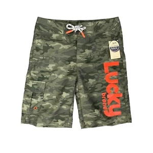 Lucky Brand Board Shorts Boys 14 Burnt Olive Camo Cargo Pockets Beach Surf Swim - Picture 1 of 11