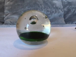 Green Glass Paperweight With Bubbles 2.5in - Picture 1 of 3