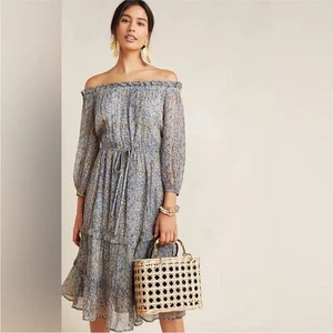 ANTHROPOLOGIE Kira Off The Shoulder Peasant Midi Dress Floral Blue NWT Size 0 - Picture 1 of 15
