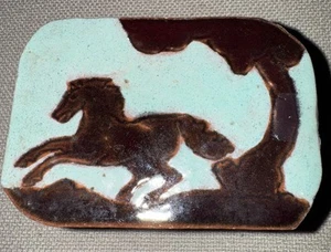 VTG Terracotta Painted Glazed Trinket Box Of Horse Signed 4x3”Inside 3x2”. Teal - Picture 1 of 5